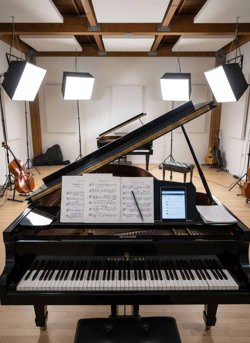 An overhead, photographic view of a grand piano’s open music desk in a Madison studio, displaying neatly arranged classical and jazz sheet music, a slim digital tablet ready for online resources, and a pencil resting across the stave. The polished black surface of the piano lid subtly reflects the pages and the softly textured studio ceiling above. Around the piano, hints of other acoustic instruments and an empty second bench suggest potential future musical services, while still clearly centering piano instruction. Diffused studio lighting from multiple softboxes eliminates harsh shadows, creating an evenly lit, professional workspace. The composition uses a top-down angle with crisp detail across the scene, conveying organization, flexibility, and serious, yet approachable, private study.