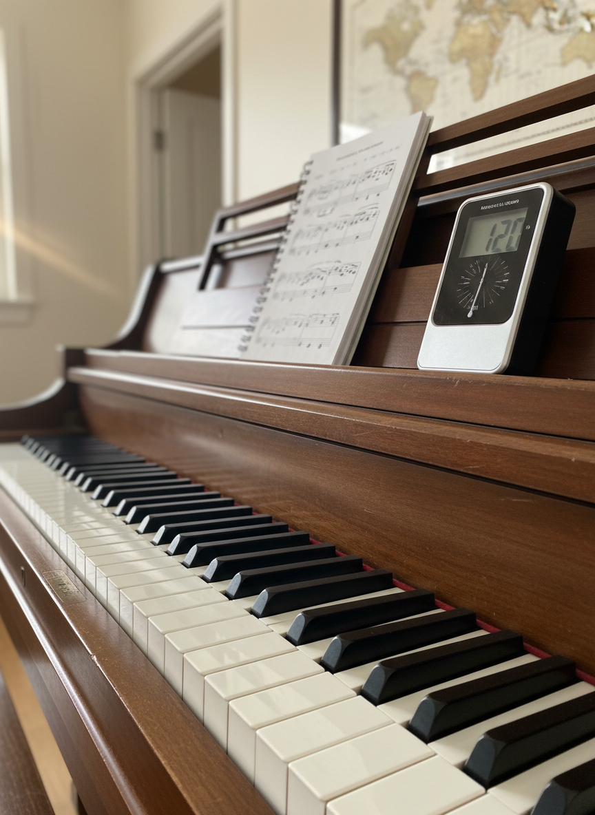 A close-up, photographic view of an upright studio piano’s keyboard, showing pristine ivory-colored keys and contrasting matte black sharps, with a well-worn but polished wooden fallboard above. A spiral-bound lesson notebook and a sleek digital metronome rest on the closed music stand, hinting at structured private instruction. The piano sits in a bright Madison studio, with a blurred hint of a doorway and a subtle wall map in the background to suggest location and easy contact. Soft afternoon window light washes across the keys from the left, creating delicate reflections and gentle shadows, while the mood remains calm, focused, and professional. Shot from a slightly angled perspective with shallow depth of field, emphasizing the tactile beauty of the keys and teaching tools.