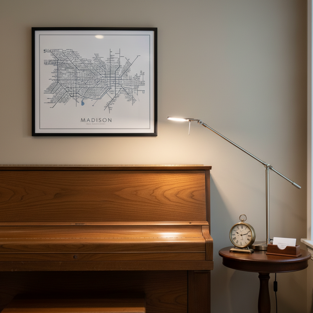 A tranquil practice corner within a Madison piano studio, featuring a compact upright piano with a warm walnut finish, its wood grain clearly visible, positioned against a softly painted neutral wall. On the wall, a simple framed print of a stylized city map subtly indicates location without text. A small side table nearby holds a classic analog clock, a business card holder without readable text, and a sleek desk lamp aimed toward the piano keys. Gentle warm-white lamp light combines with faint, cool ambient studio lighting, creating a balanced, professional look. Photographic realism at eye level, with the piano slightly off-center following the rule of thirds, and a moderate depth of field, captures a calm, focused atmosphere ideal for private lessons at any level.