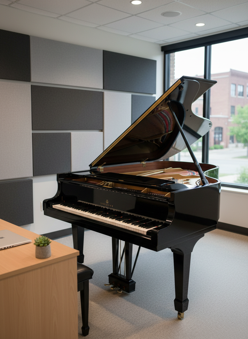 A polished black grand piano with its lid elegantly propped open, glossy surface reflecting subtle studio lights, stands in a modern Madison teaching studio. Behind it, a neat wall of sound-absorbing panels and a large window hint at an urban neighborhood outside, slightly blurred. A tidy instructor’s desk with a closed laptop and a small plant sits to one side, suggesting a professional private lesson setting. Soft, even studio lighting creates gentle highlights along the piano’s curves and keys, with calm shadows beneath. Photographic realism, eye-level composition, and moderate depth of field keep the piano in sharp focus while the background softly recedes, conveying a professional, welcoming atmosphere for all levels of students.