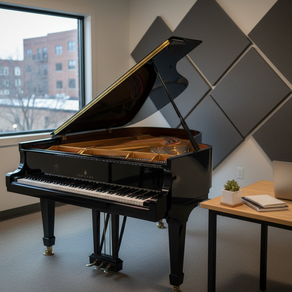 A polished black grand piano with its lid elegantly propped open, glossy surface reflecting subtle studio lights, stands in a modern Madison teaching studio. Behind it, a neat wall of sound-absorbing panels and a large window hint at an urban neighborhood outside, slightly blurred. A tidy instructor’s desk with a closed laptop and a small plant sits to one side, suggesting a professional private lesson setting. Soft, even studio lighting creates gentle highlights along the piano’s curves and keys, with calm shadows beneath. Photographic realism, eye-level composition, and moderate depth of field keep the piano in sharp focus while the background softly recedes, conveying a professional, welcoming atmosphere for all levels of students.