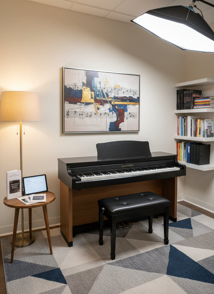 A wide photographic shot of a dedicated piano lesson room in Madison, featuring a high-quality black digital piano on a sturdy stand, paired with an adjustable bench and a slim matching pedal unit. The instrument faces a clean, light-colored wall with a large, framed abstract artwork evoking musical lines and rhythm. To one side, a modern floor lamp with a warm bulb pools light over a nearby side table holding printed brochures and a tablet, suggesting easy contact and future services. The space is tidy, with a plush area rug and organized sheet music shelves. Balanced, mixed lighting from the lamp and a high studio softbox creates an inviting, professional mood, with sharp focus throughout to showcase the entire teaching environment.