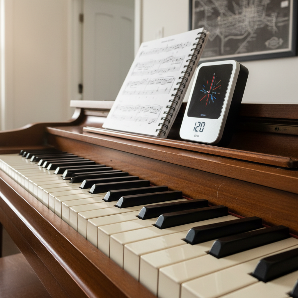 A close-up, photographic view of an upright studio piano’s keyboard, showing pristine ivory-colored keys and contrasting matte black sharps, with a well-worn but polished wooden fallboard above. A spiral-bound lesson notebook and a sleek digital metronome rest on the closed music stand, hinting at structured private instruction. The piano sits in a bright Madison studio, with a blurred hint of a doorway and a subtle wall map in the background to suggest location and easy contact. Soft afternoon window light washes across the keys from the left, creating delicate reflections and gentle shadows, while the mood remains calm, focused, and professional. Shot from a slightly angled perspective with shallow depth of field, emphasizing the tactile beauty of the keys and teaching tools.